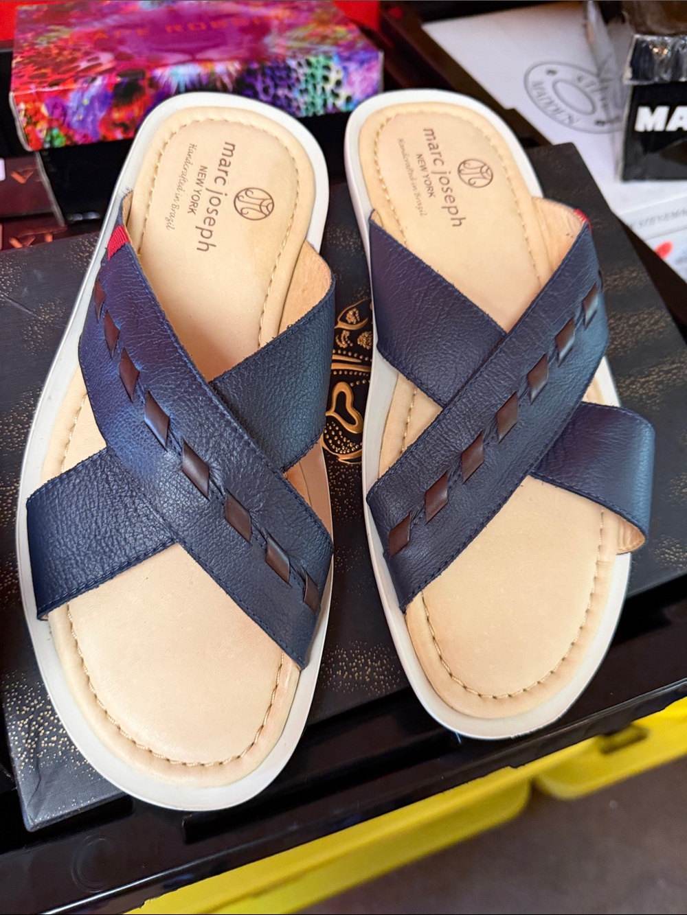 Marc Joseph Navy and Tan Cross-Strap Slide Sandals